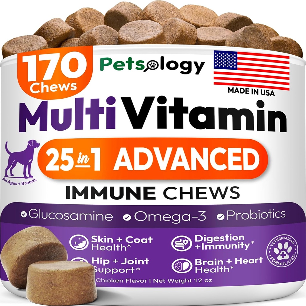Perro multivitamínico Chewable - Vitaminas y Suplementos para perros con Glucosamina - 170 Chews - Hip &amp; Joint, Pet Immune Support, Skin & Coat, Gut & Heart Health - Senior & Puppy Multivitamin Pet Supplement