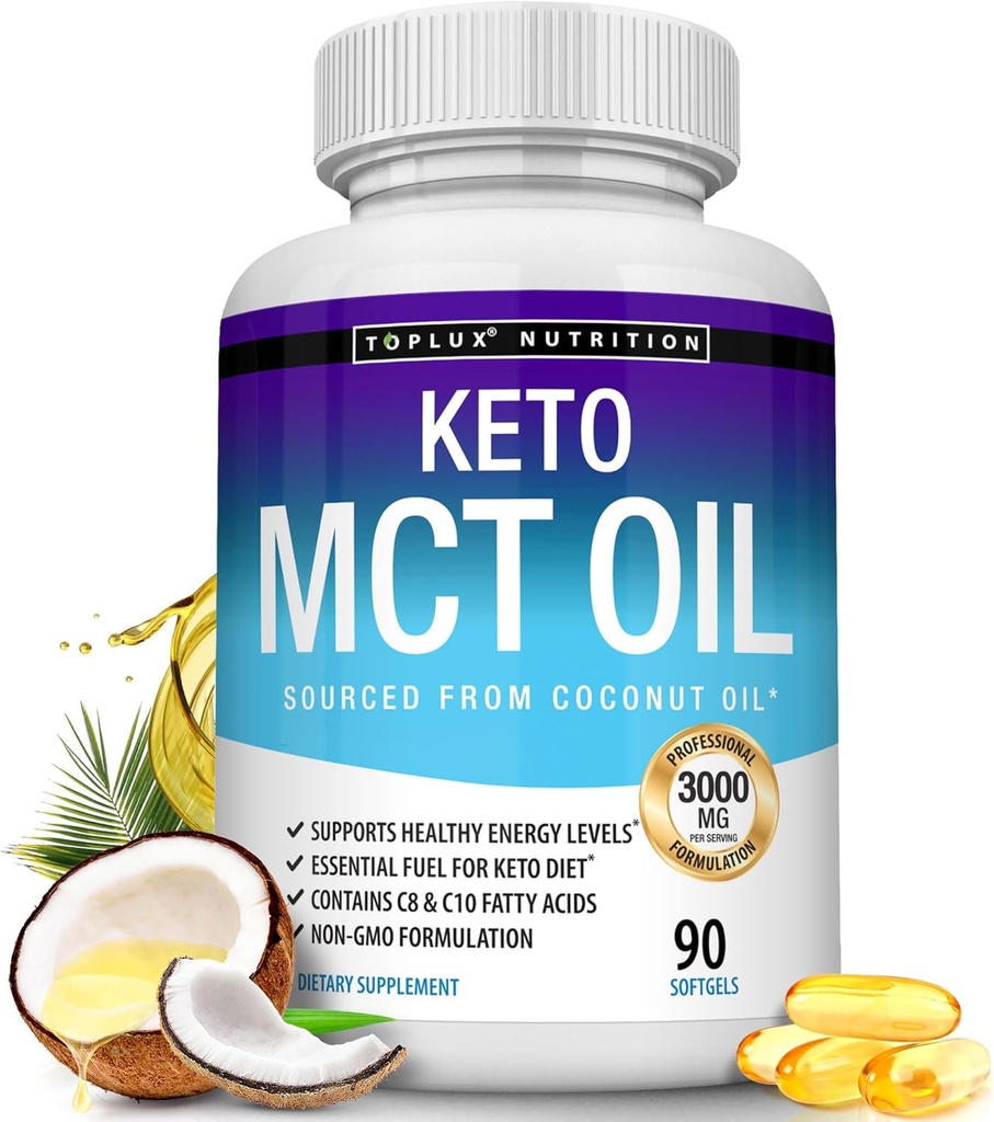 Toplux Keto MCT Oil Capsules - 3000mg Natural Pure Coconut Oil Extract Pills, Fuente de Energía, Fácil de digerir para Hombre Mujeres, 90 Softgels, Suplemento