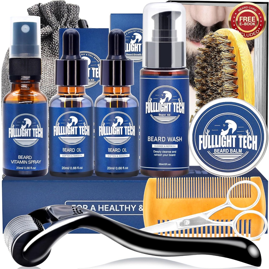 Kit de cuidado de barba para hombre-nourish Soften Patchy Beard W/Vitamin Spray,Mustache Oil,Balm, Wash,Boar Bristle Brush,Wooden Comb,Tijeras,Valentines Padres Regalos para hombres Dad him marido novio