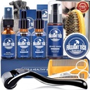 Kit de cuidado de barba para hombre-nourish Soften Patchy Beard W/Vitamin Spray,Mustache Oil,Balm, Wash,Boar Bristle Brush,Wooden Comb,Tijeras,Valentines Padres Regalos para hombres Dad him marido novio