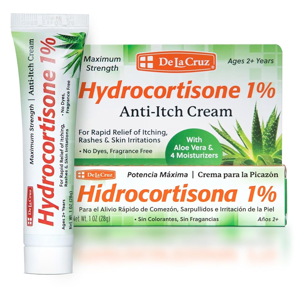 De La Cruz 1% Crema de Hidrocortisona - Fuerza Máxima - Crema de Hidrocortisona Anti Itch Topical con Aloe Vera y Moisturizantes para la piel seca, el enrojecimiento, dermatitis, Eczema y Rashes - 1 OZ (28g)