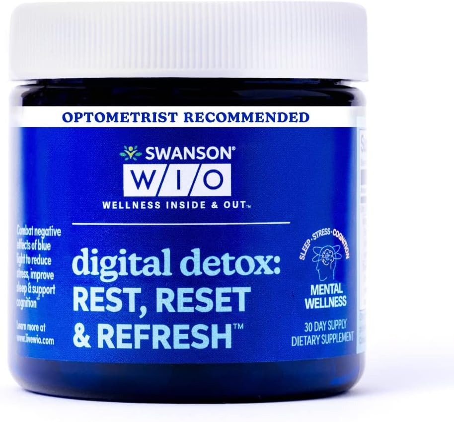 Swanson WIO Digital Detox: Descansar, Reiniciar " Refresh Sleep Better, Blue Light Defense, Wellness, Less Stress, Lutein, Zeaxanthin, Lutemax - 4 oz Botella con 30 Softgels (30-Day Supply)