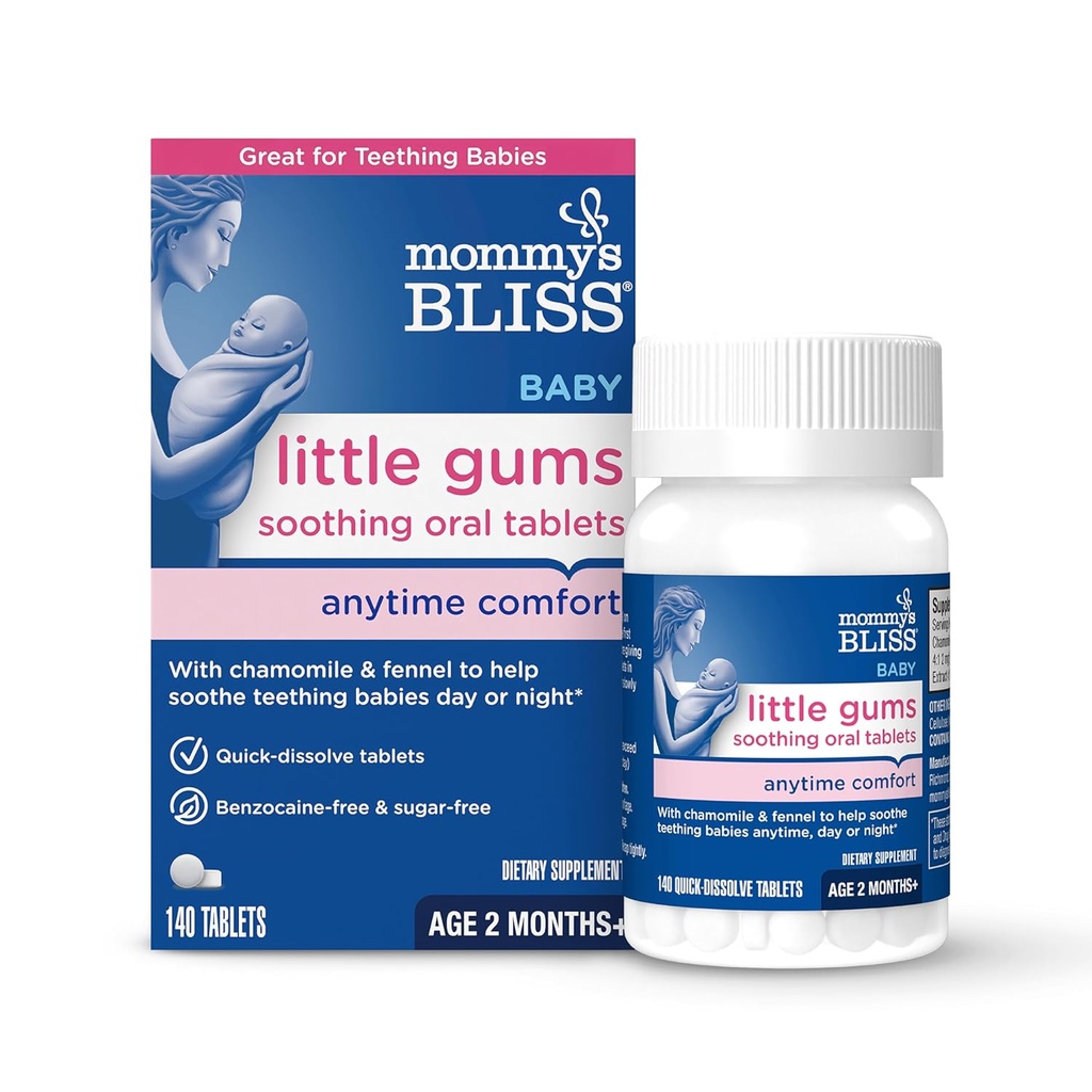 Mama's Bliss Little Gums Soothing Oral Tablets, Great for Teething Babies, Benzocaine-Free &amp; Sugar-Free, 2 Meses+, 1 Botella (140 Tablets)