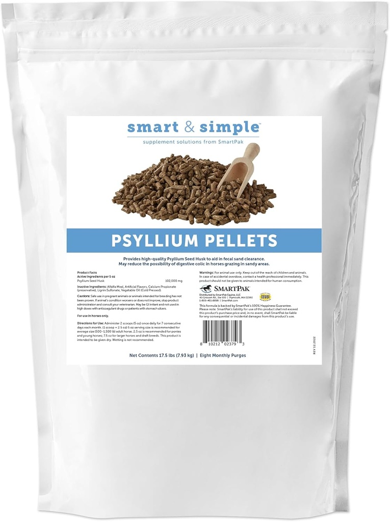 Pellets Smart & Simple Psyllium para Caballos TENIDO Psyllium Husk Fiber Suplemento para Equine Digestive Wellness Apoyar Apple-Banana Flavored ← 8 Mensual Purges TEN 17.5 lb Bag