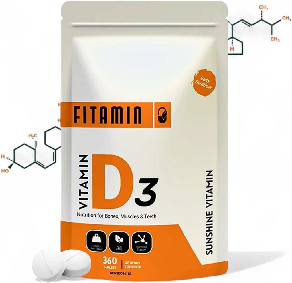 Vitamina D3 1000iu - 360 Tablas sencillas para huesos fuertes, dientes saludables, sistema inmunitario Soporte " Función muscular - Suplemento de vitamina D natural - 1 año de suministro para hombres, mujeres " mayores