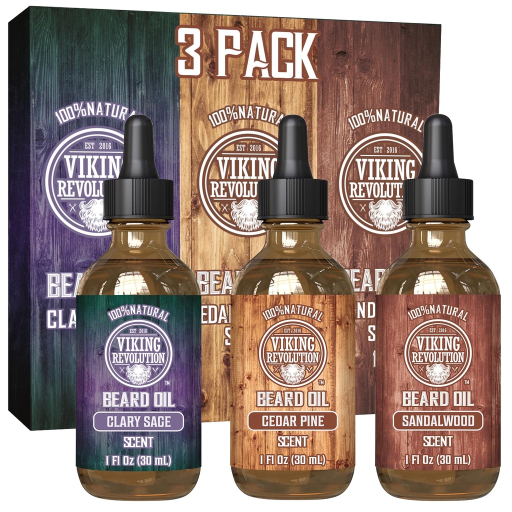 Vikingo Aceite de barba para hombres 3 Pack - Natural Mens Beard Oil Vaiety Set - Sandalwood, Pino y Cedro, Clary Sage Scents - Beard Acondicionamiento y Moisturización para una barba saludable (3 Pack, 1oz)