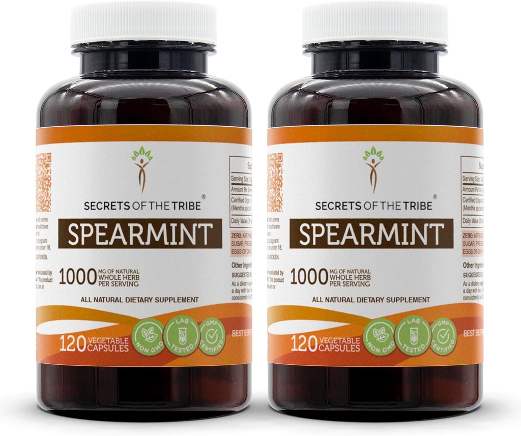 Secretos de la Tribu Spearmint Capsules 1000 mg Spearmint (Mentha spicata) Hoja seca, Suplemento de apoyo hormonal para mujeres (2x120 cápsulas)