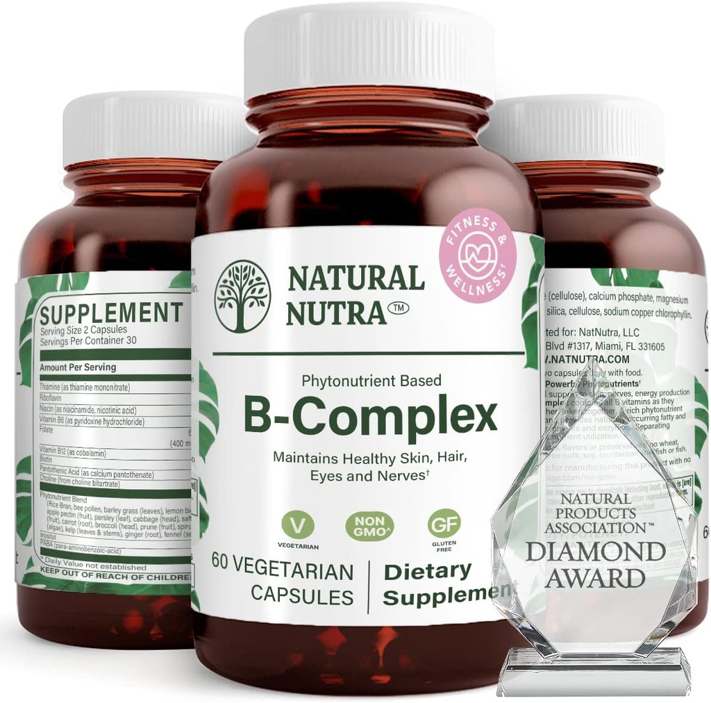 Complejo Natural Nutra Vitamina B con Niacina, Folato, Thiamin, Biotina, apoya la salud del sistema nervioso, promueve el metabolismo, la piel, los ojos y la salud del cabello, suplemento alimenticio completo, 60 cápsulas vegetarianas