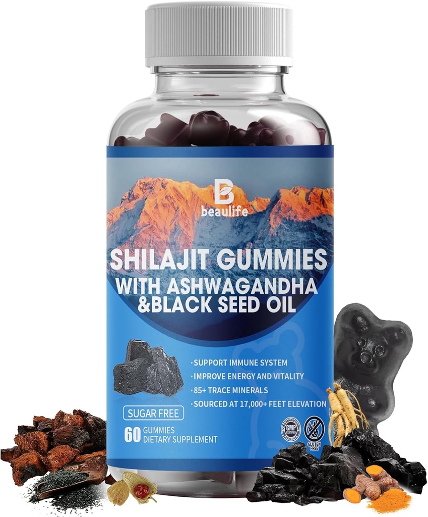 Shilajit Gummies, Shilajit, Resin, con 85+ Trace Minerals, Fulvic Acid, Fitonutrientes, Vitamina C, D, B12, Ashwagandha, Chaga Mushroom, Turmeric, for Energy, Immune Support