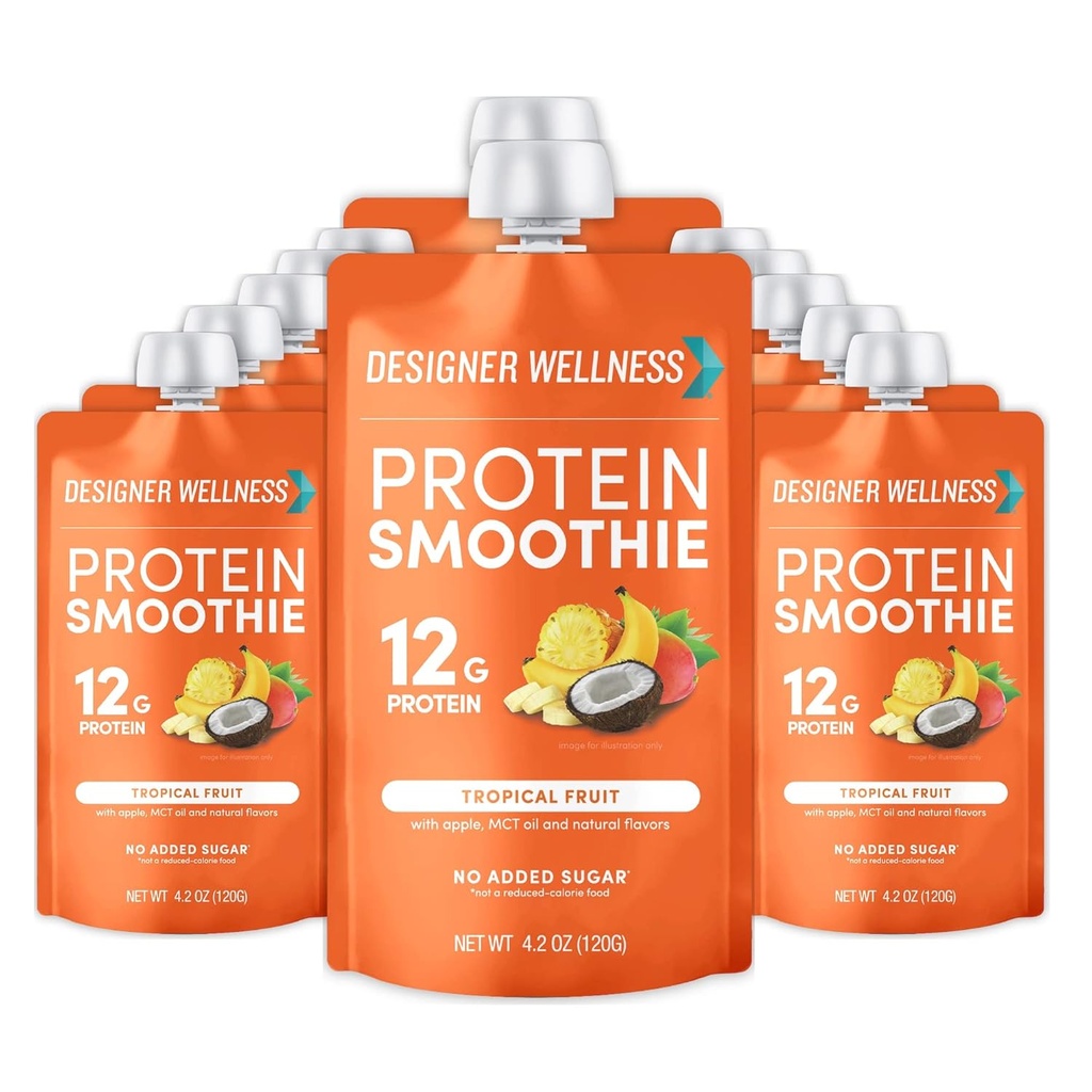 Diseñador de Wellness Protein Smoothie, Fruta Real, 12g Proteína, Bajo Carb, Cero Añadido Azúcar, Sin gluten, No GMO, Sin Colores Artificiales o Sabores, Tropical, 12 Conde
