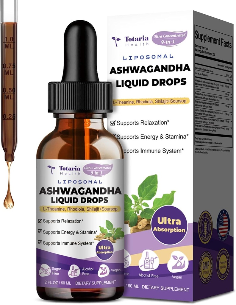 Totaria Liposomal Ashwagandha Liquid Drops w/Shilajit, Magnesium, Soursop, L-Theanine, Ultra Extact Ashwagandha Root Extract ← 7% Withanolides ← Alcohol-Free ← No-GMO Silencio para Hombres