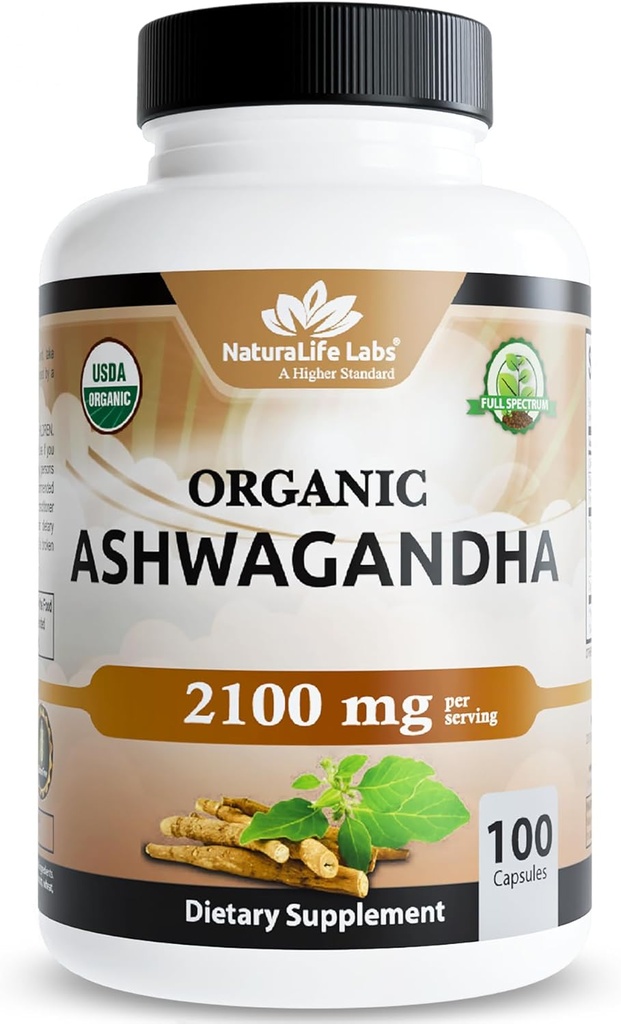 NaturaLife Labs Organic Ashwagandha 2100 mg per Serving – Root Powder & Extract – 100 Capsules – Vegan, Non-GMO, Gluten-Free