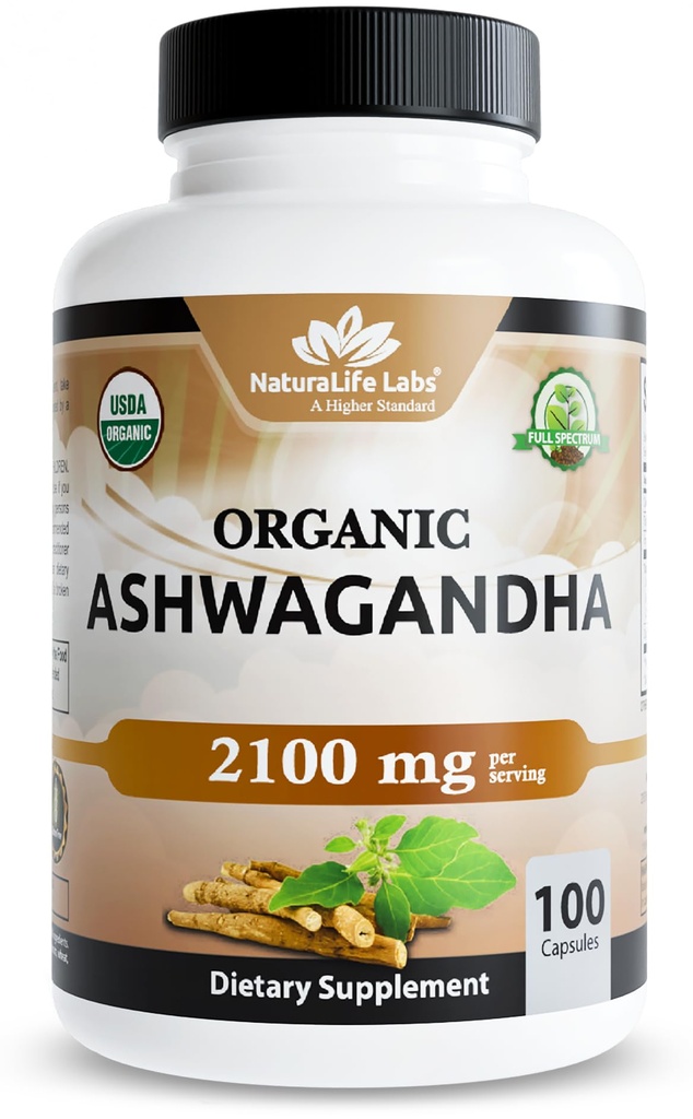 NaturaLife Labs Organic Ashwagandha 2100 mg por Serving – Root Powder & Extract – 100 cápsulas – Vegan, Non-GMO, Gluten-Free