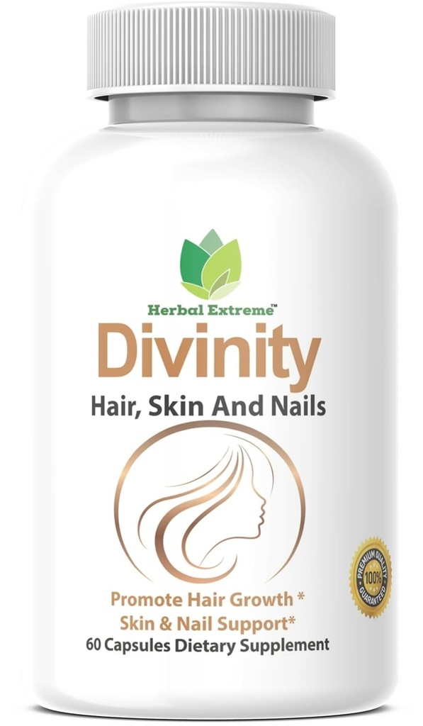 Divinity Hair, Skin and Nails 60 Capsules 5000 mcg Biotin P-amino Benzoic Acid, Horsetail extract, Fo-Ti, Bamboo extract, Stinging Nettle, Chinese Peony, Spirulina, Saw palmetto