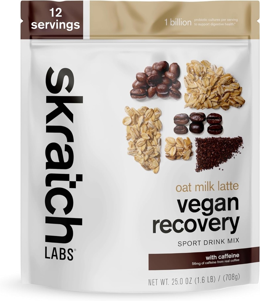 Skratch Labs Recovery Drink Mix - Oat Milk Latte - Post Workout Powder - Proteína de plantas completas y probióticos - 56 mg de cafeína del café - 12 Servings - Gluten Free, Kosher, Non-GMO