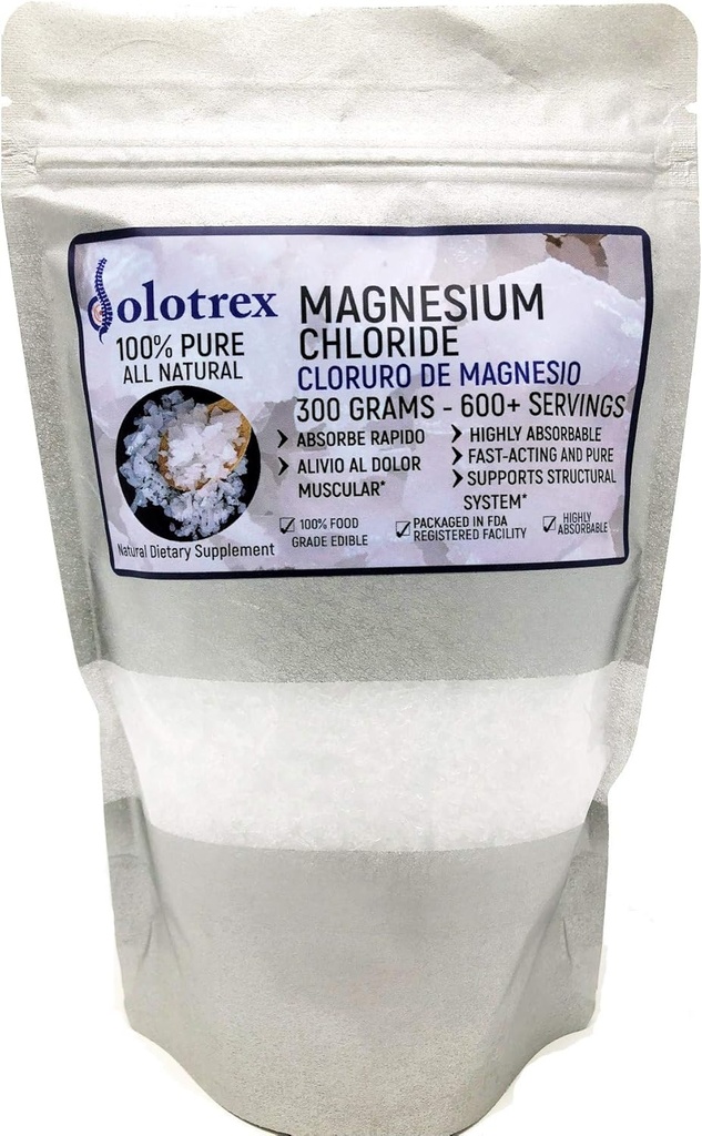 Cloruro de Magnesio 100% Puro Magnesio Chloride Comida Grado 300 Gramos Magnesio comestible Altamente Absorbable para uso diario como Suplemento o Aceite de Magnesio hasta 600 Servimientos 10.58 Oz
