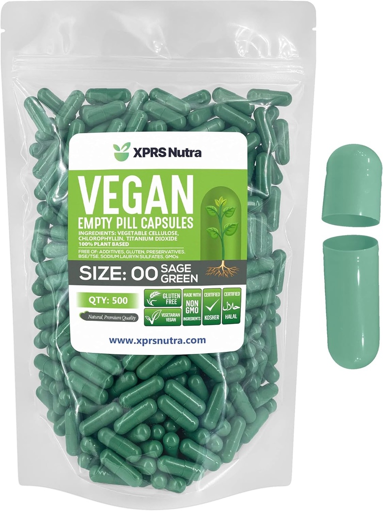 XPRS Nutra Size 00 Empty Capsules - 500 Conteo Empty Vegan Capsules - Vegetarian Empty Pills - DIY Vegetable Capsule Filling- Veggie Pill Caps (Sage Green)