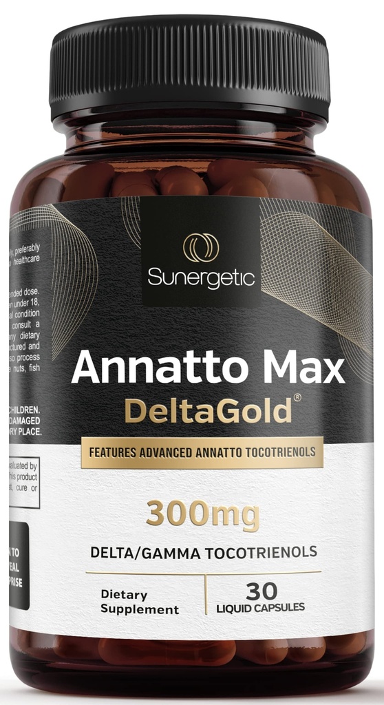 Suplemento Sunergetic Premium Annatto Tocotrienol – con DeltaGold – Tocotrienols Vitamina E 300 mg – Soporta la salud del hígado, inmuno y corazón - Delta + Gamma Tocotrienols (30 cápsulas líquidos)