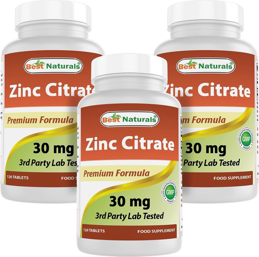 Mejores Naturales Zinc 30mg Suplementos (como Citrato de zinc) - Vitaminas de zinc para Adultos Soporte Inmunitario - 120 Tabletas (120 Cuenta (Pack of 3))