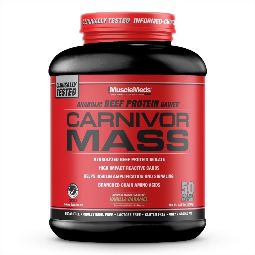 MuscleMeds CARNIVOR Mass Gainer Beef Protein Isolate Shake, 50 Grams Protein, 125 Grams Carbs, 0 Fat, 0 Sugar, Lactose Free, Vanilla Caramel, 5 libras