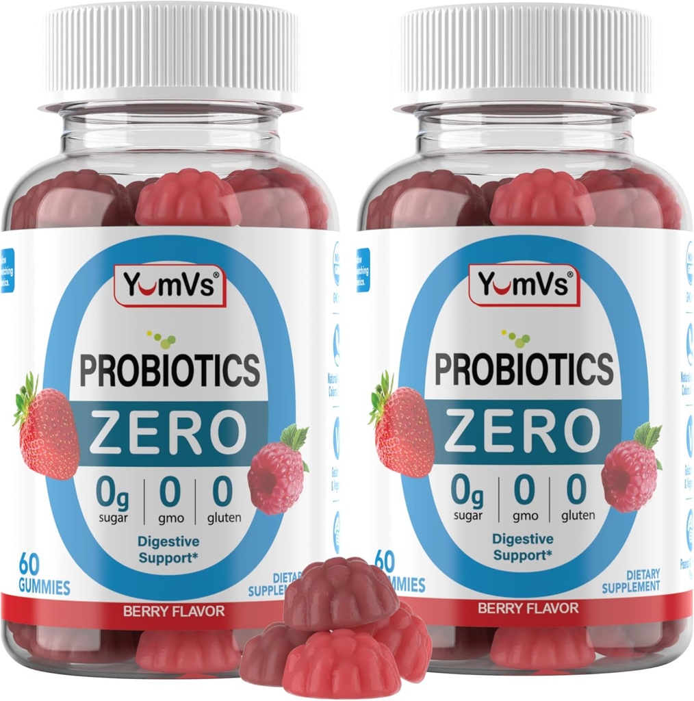 YUM-V'S - Zero Sugar Probiotic Gummies for Digestive Health - Sugar Free Probiotics for Women, Men &amp; Kids - Gut Health Probiotic Gummies for Adults &amp; Kids (60 Count (Pack of 2))