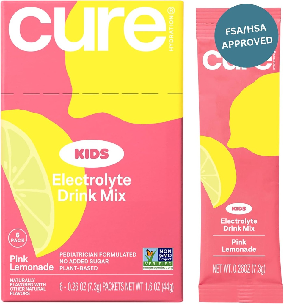 Hidratación Cure Niños Electrolyte Drink Mix ← Rehydration Formulated Pediatrician basado en plantas  No Añadido Sugar, FSA-HSA, Non-GMO, Sin gluten, Sin sabores artificiales ← Caja de 6 Packets - Rosa Lemonade