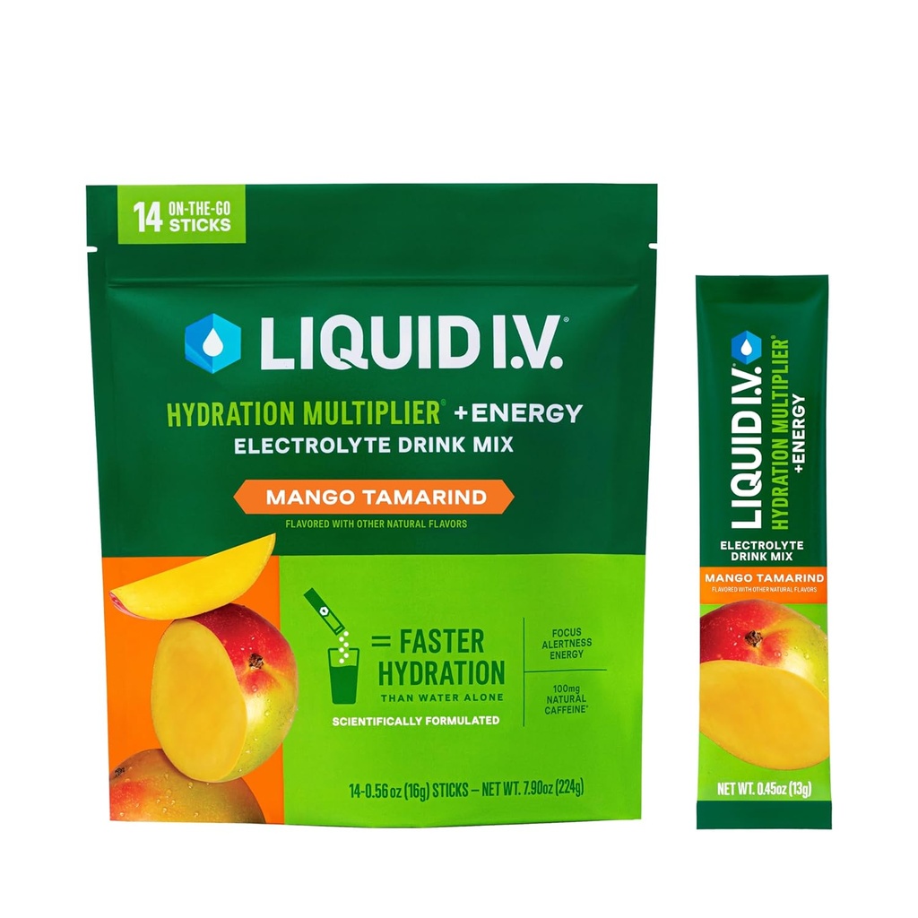 Liquid I.V.® Hydration Multiplier® +Energía - Mango Tamarind - Hydration Powder Packets ← Electrolyte Powder Drink Mix ← Conveniente Single-Serving Sticks ← Non-GMO TEN 14 Servings (Pack of 12)