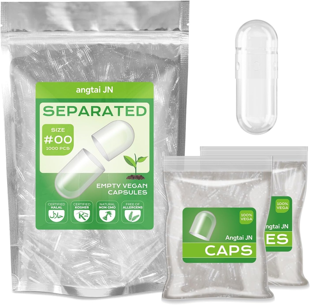 Capacidades vacías Tamaño 00 Capas de pill vegano separadas con base en la planta Clear (1,000 Caps+1,000 cuerpos) Gluten Free, Non-GMO, Halal Certified Filling Kit for Vegetarian DIY Your Own Supplements