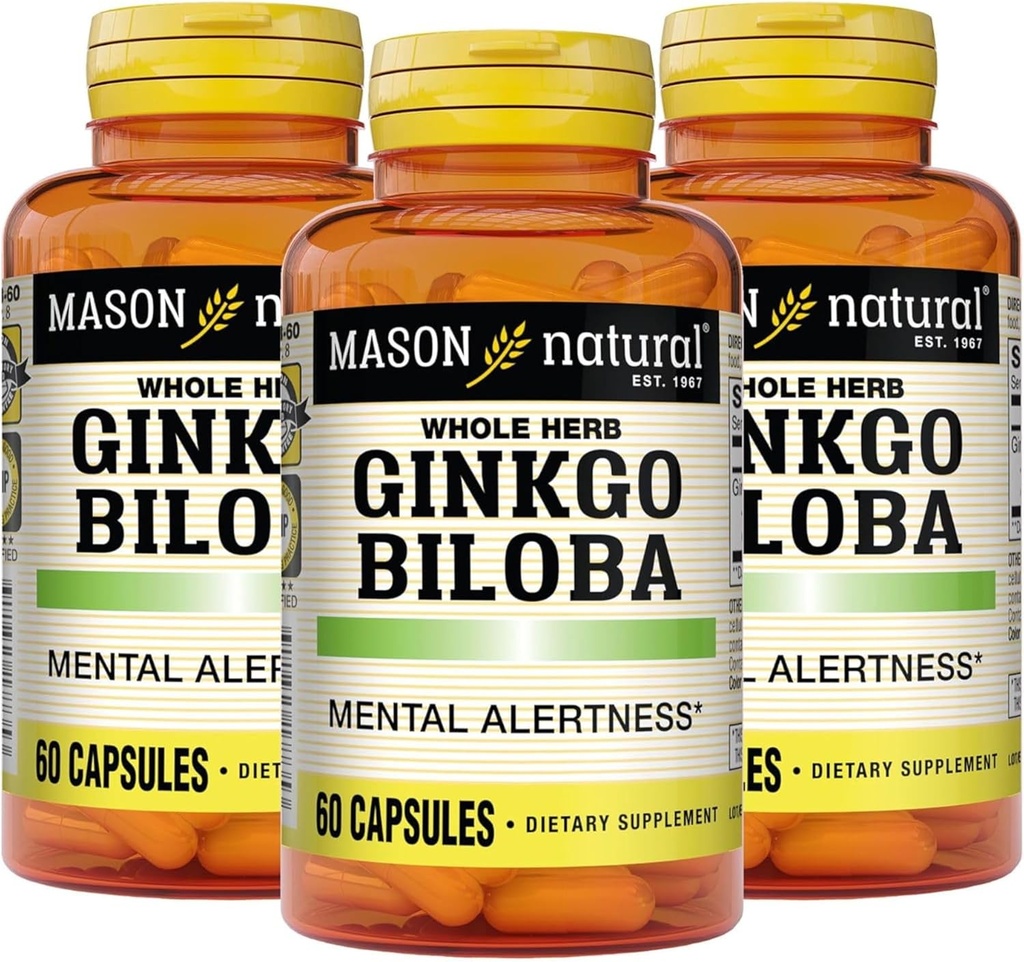 MASON NATURAL Ginkgo Biloba, 3 meses de suministro, ayuda a mejorar la alerta mental y la función cerebral óptima de soporte, 60 cápsulas (3 paquete)