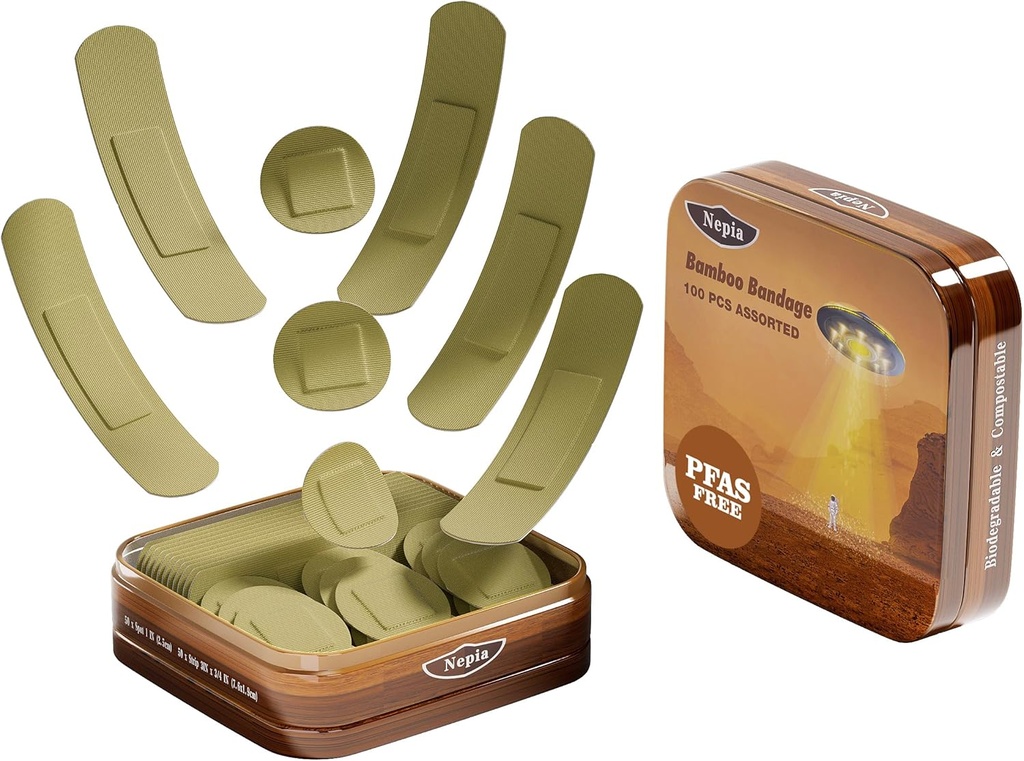 Tela de bambú hipoalergénica Nepia Bandages surtidos  PFAS Free &amp; Latex Free ← Bandaids compatibles ecológicamente para la piel sensible " Scrapes ← Flexible Fabric Family Pack (100 Cuenta)