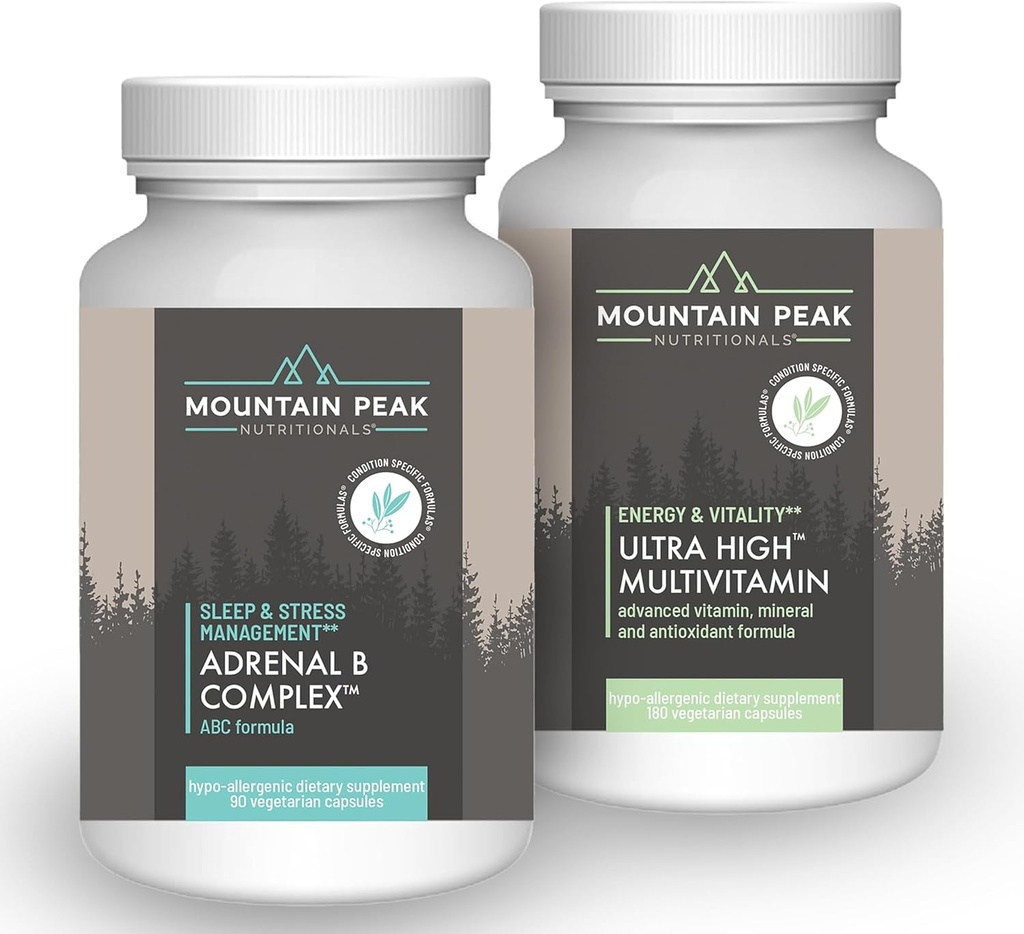 Nutricionales de pico de montaña Complejo Adrenal B &amp; Ultra High Multivitamin Combo Pack - Vitamina, Multi-Mineral, & Adaptogen Support - B Vitaminas, Probióticos, " Nutrientes esenciales - 90 " 180 Ca