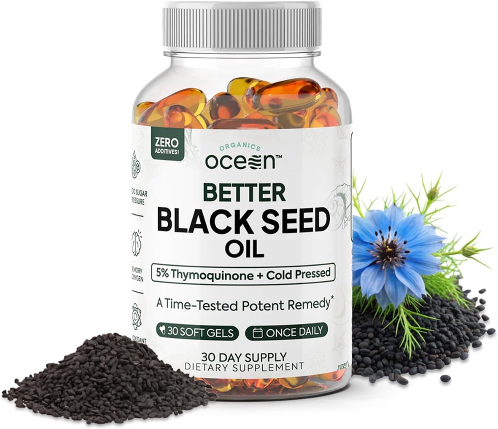 Organics Ocean Better Black Seed Oil Cold Pressed - Puro aceite de Nigella Sativa para Immune Support - 5% Thymoquinone - Soporte Memoria, Vitalidad y Salud Celular