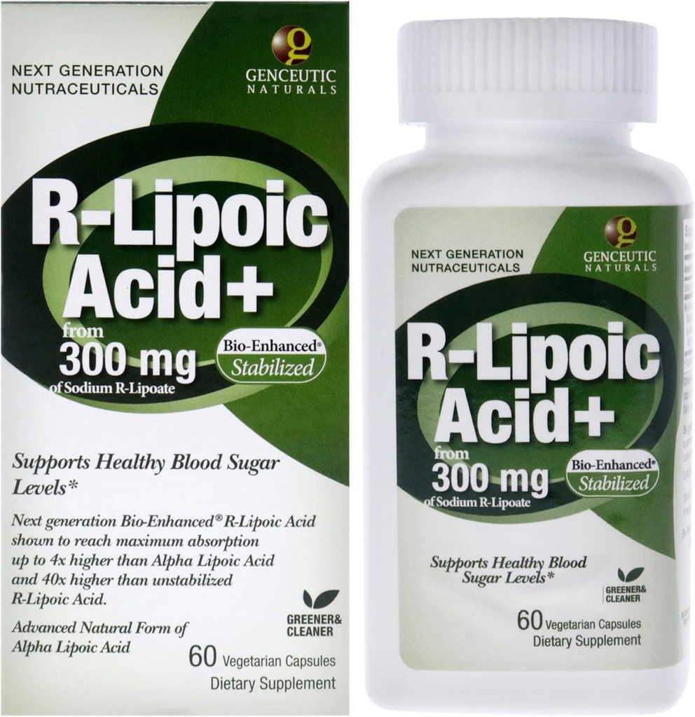Genceutic Naturals R-Lipoic Acid Dietary Supplement | Vegetarian | Vegan | Gluten Free | Non GMO | 300mg (60 Capsules) | Single Count
