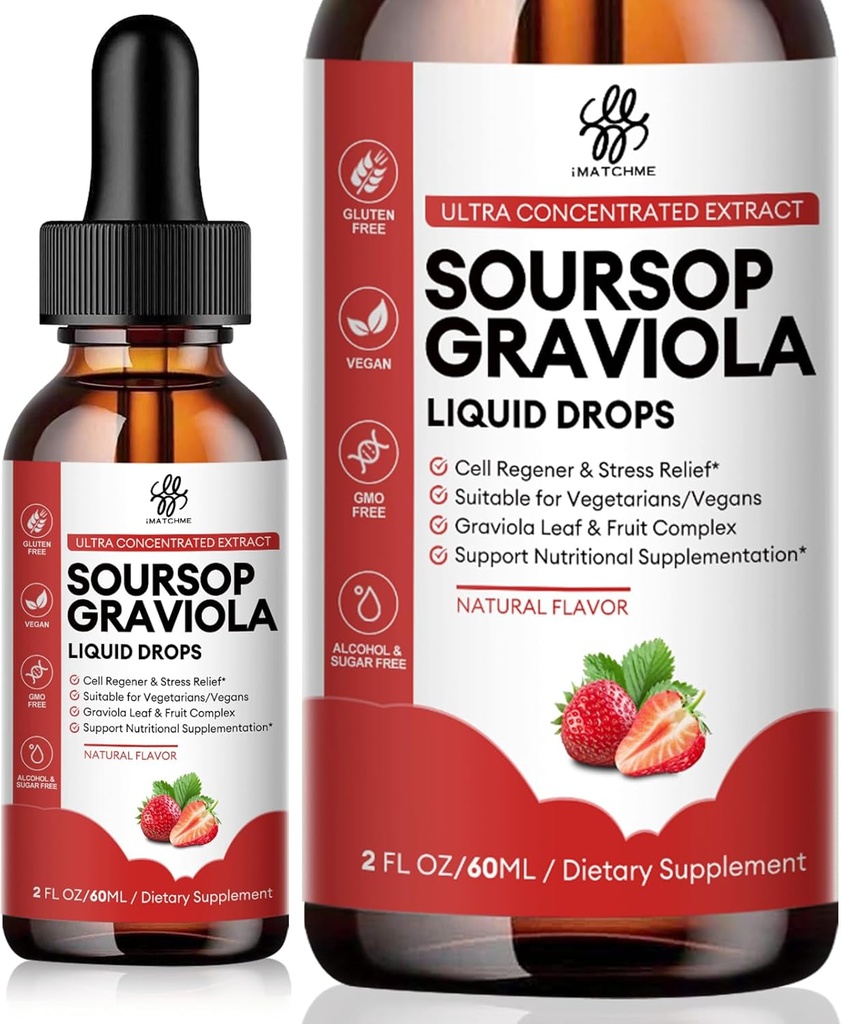 iMATCHME Soursop Graviola Liquid Drop, Soursop Bitters Liquid, Natural Soursop Leaves &amp; Fruit Complex for General Wellness, Sugar/Caffeine/Gluten Free, Strawberry Flavor, 2 Fl Oz