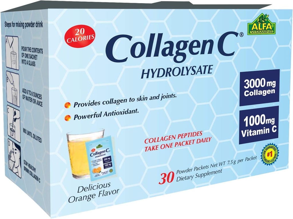 CollagenC® Collagen Peptides Hidrolysate Powder Supplement - Premium Quality Source of Antioxidants - para Immune Support, Skin, Hair, Nails & Joints support 30 sachets Pack