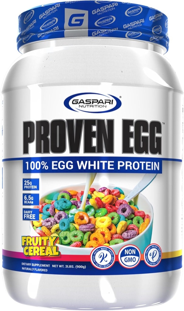 Gaspari Nutrition Provened Egg, Fruity Cereal, 100% Egg White Protein, 25g Protein, Keto Friendly, Dairy y Lactose Gratis, Soy Gratis (2 libras, Fruity Cereal)