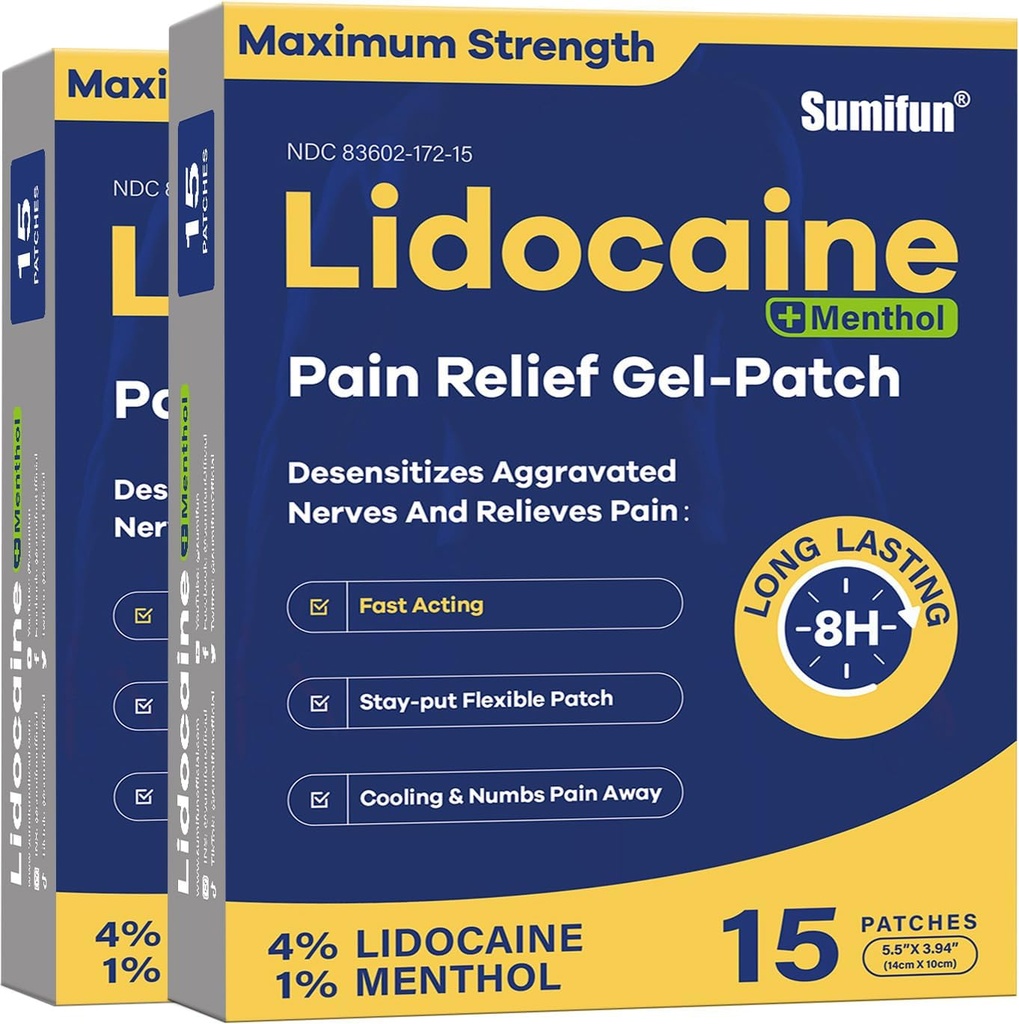 Sumifun 4% Lidocaine Patches Plus 1% Menthol - 30 Condes Maximum Strength OTC Pain Relief Patches for Back Ache Stiff Neck Joint Pain Muscle Soreness Topical Analgesic