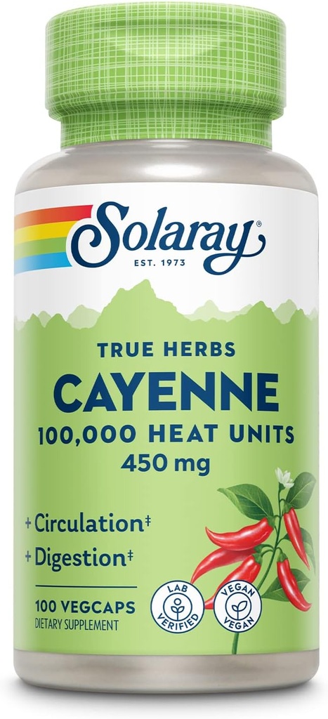 SOLARAY Cayenne Pepper 450 mg  100,000 Heat Unit ← Saludable Digestión, Circulación, Metabolismo " Cardiovascular Support ← Non-GMO TEN 100 VegCaps