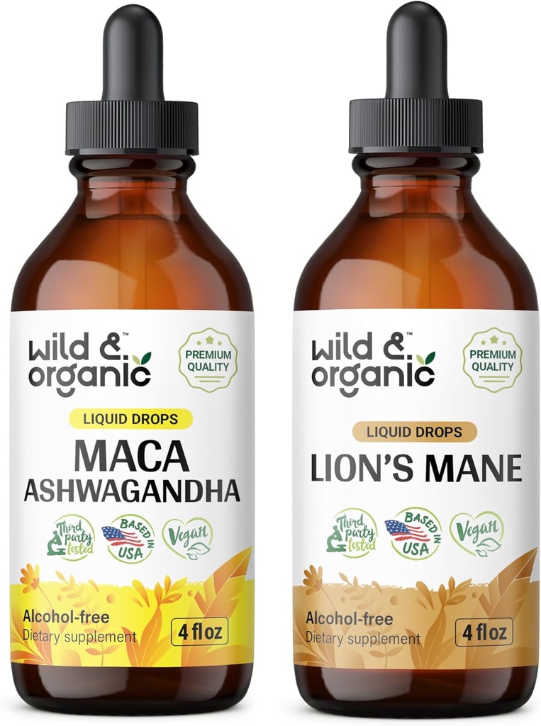 Wild &amp; Organic Maca Ashwagandha Tincture 4 fl oz &amp; Lion's Mane Tincture 4 fl oz