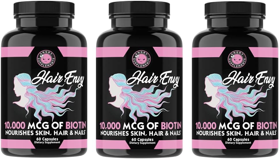Suplementos Angry Hair Envy 10,000 mcg Biotin + Keratin, Crecimiento + Hidrate Hair, Fortalecer las uñas delgadas, Clear &amp; Nourish Skin – Help Damaged Thinning Hair, (3-Bottles)