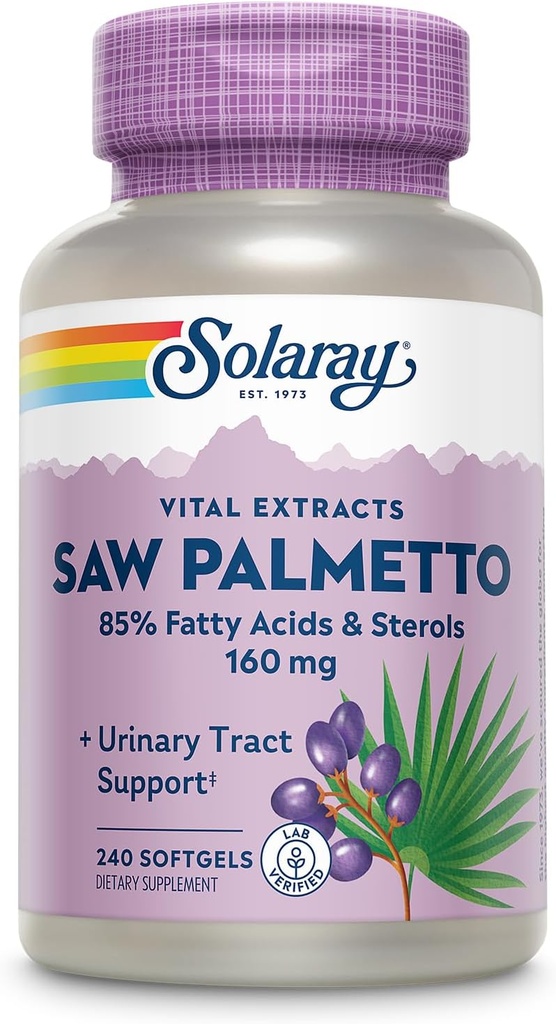 SOLARAY Saw Palmetto Extract - Salud de la próstata y apoyo al tracto urinario - 136 mg Ácidos grasos y esteroles - Lab Verificado, 60 días de garantía de devolución de dinero (240 Servimientos, 240 Softgels)