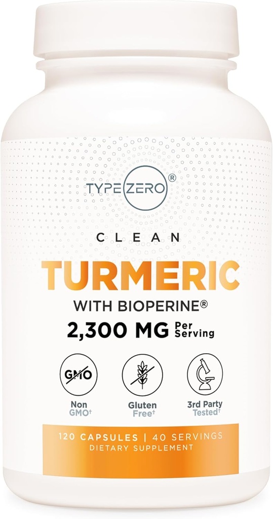 Tipo Zero Turmeric con Bioperina (120 cápsulas) (2300mg por servicio) - GMO Gratis, Gluten Gratis, 3er partido probado