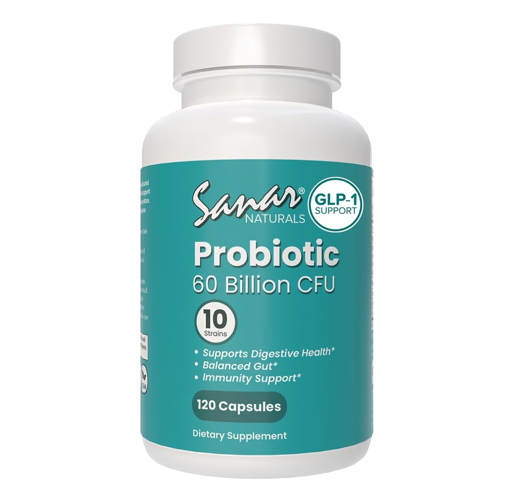 Sanar Naturals Probióticos 60 Billones CFU – 10 Strains + Prebióticos - Apoyo Immune, Digestivo, & Gut Health - Probióticos para Mujeres y Hombres - Vegan, No GMO, Gluten Free, 120 cápsulas