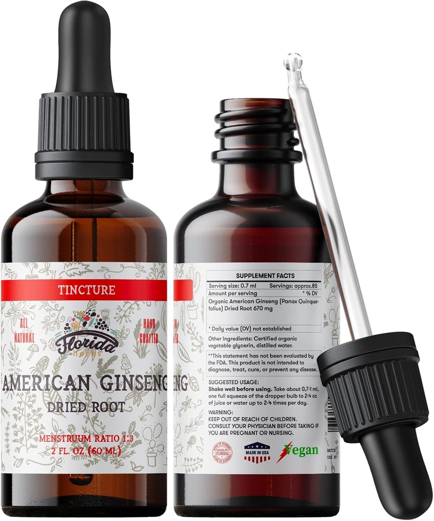 American Ginseng Tincture Extract, Organic American Ginseng (Panax Quinquefolius) Dried Root Supplement, Non-GMO in Cold-Presed Organic Vegetable Glycerin 700 mg, 2 oz (60 ml)