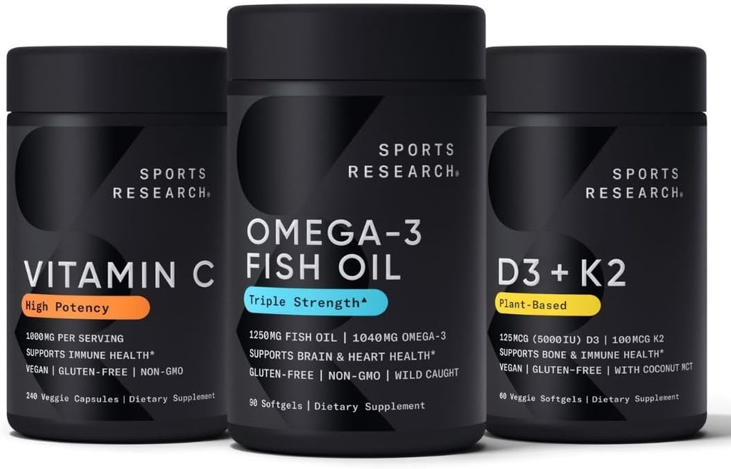 Sports Research 1250 mg Omega 3 Burpless Fish Oil - Wild Alaskan Pollock - (90 Cuenta), High Potency Vegan Vitamina C 1000mg (240 Cuenta) + Vegan 5000iu Vitamina D con 100mcg Mk7 Vitamin K (60 Cuenta)