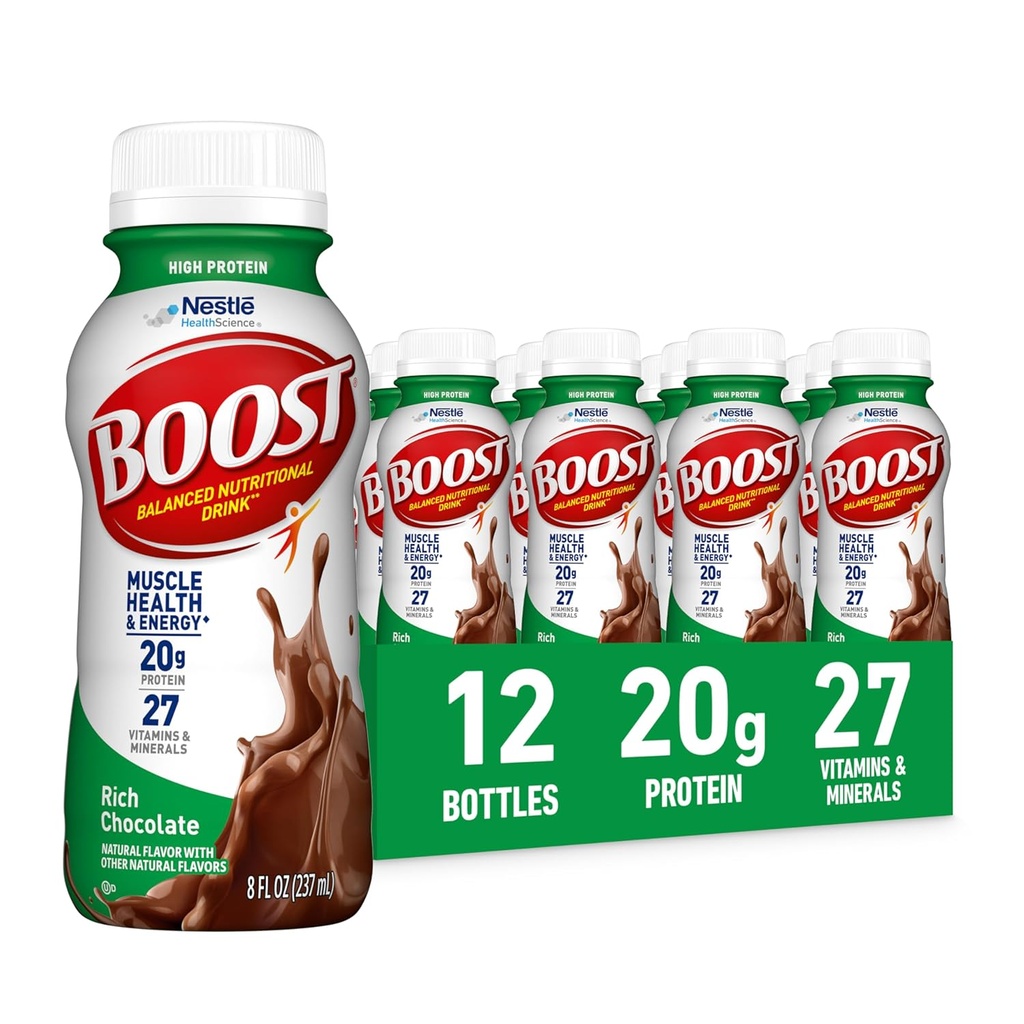 BOOST High Protein Ready to Drink Balanced Nutritional Drink, Rich Chocolate, 8 FL OZ (Pack of 12)