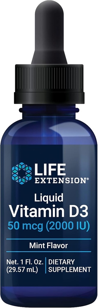Extensión de la vida Vitamina Líquida D3 (Mint), 50 mcg (2000 UI), Immune System Support, Bone Health, Whole-Body Health, Tasty Peppermint Flavor, Gluten Free, Non-GMO, 29.57 ml