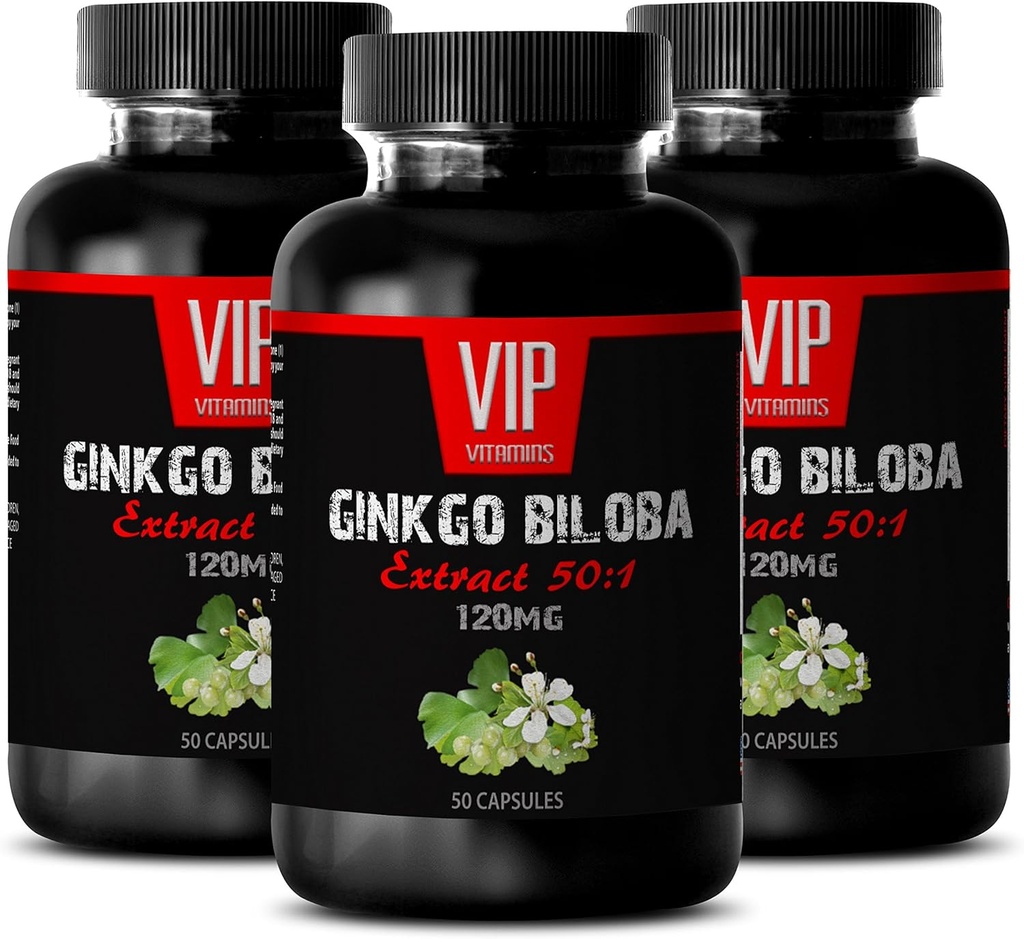 VIP VITAMINS Ginkgo biloba para adolescentes - Ginkgo Biloba Leaf 120mg - para la función cerebral saludable (3 botellas - 150 cápsulas)