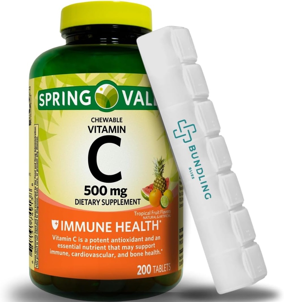 Vitamina C 500mg, Tablas Chewable, Suplemento Dietario, 200 Conde (Incluye el Organizador de Bono) - 1 Pack