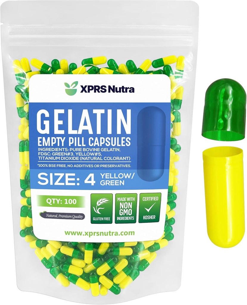 XPRS Nutra Size 4 Empty Capsules - 100 Cuentas Pequeños Empty Gelatin Capsules - Pill Capsule Filling - Bovine Pill Gel Caps (Green/Yellow)